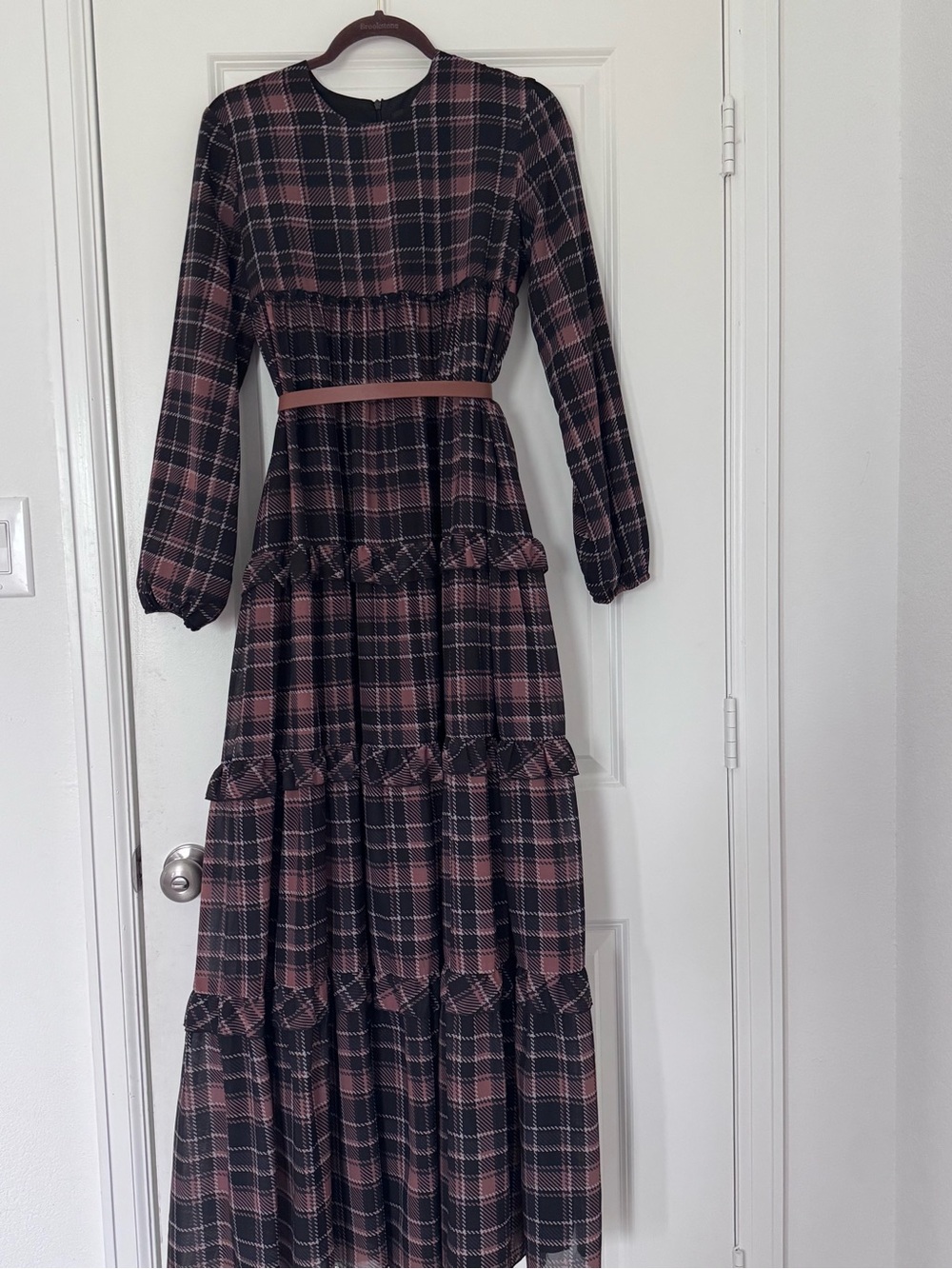 Plaid Ruffle-Tier Maxi Dress in Black and Pink
